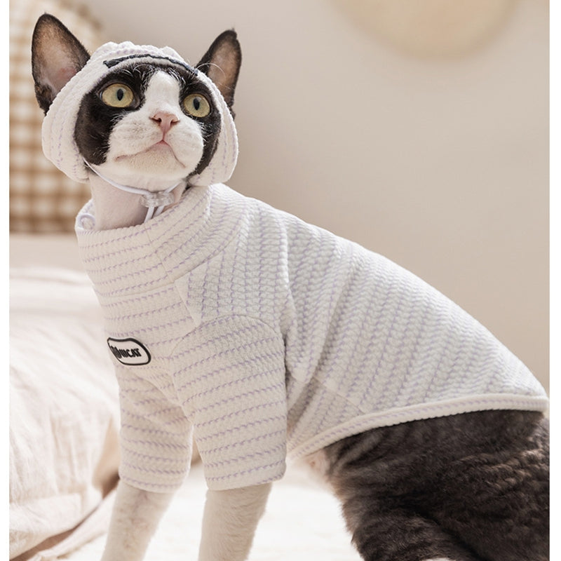 KFX-1987133 Textured Knit Striped Pet Hoodie Top for Cats and Dogs - Lightweight and Comfortable for Autumn and Winter