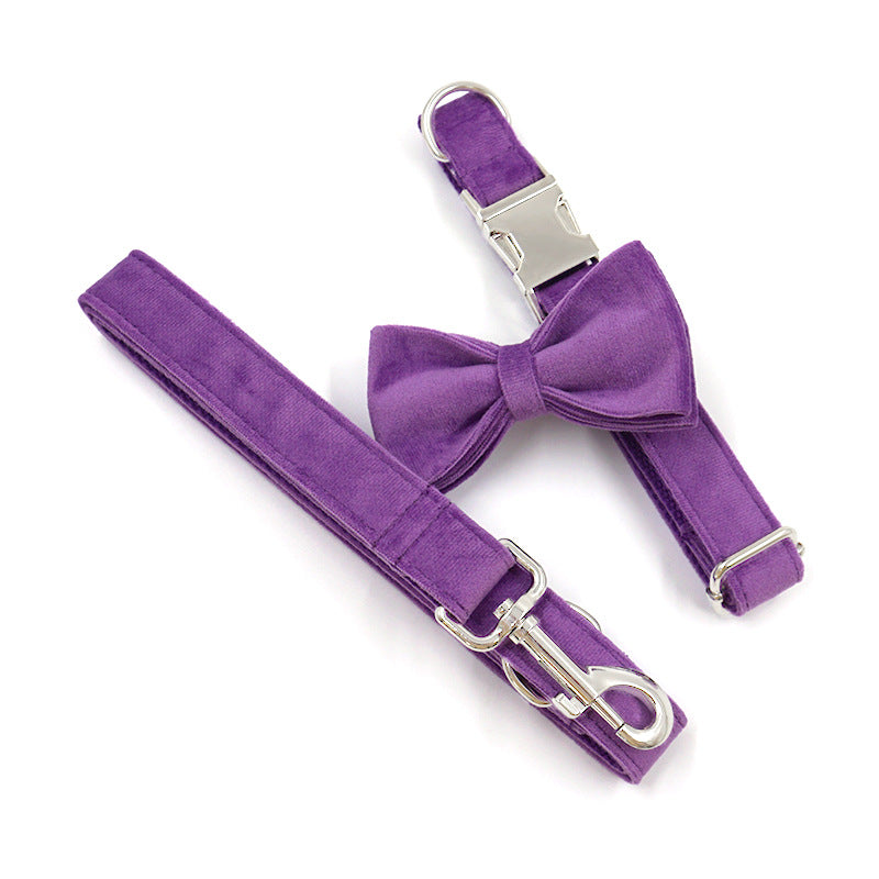 KFX-1988157 Purple Velvet Dog Collar and Leash Set with Drawstring Bow - Available in Multiple Sizes