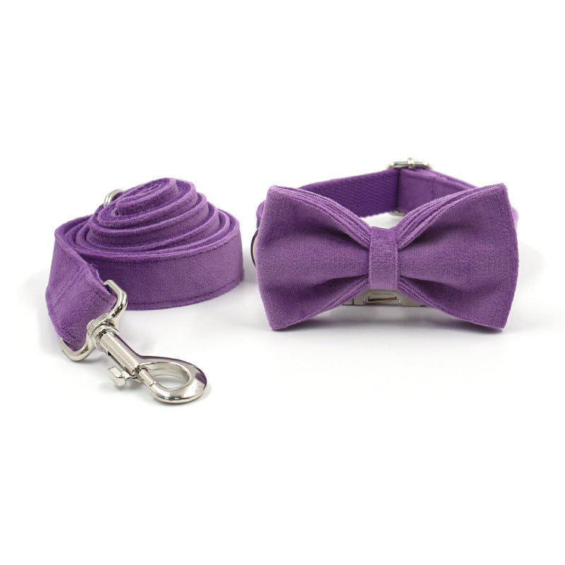 KFX-1988157 Purple Velvet Dog Collar and Leash Set with Drawstring Bow - Available in Multiple Sizes