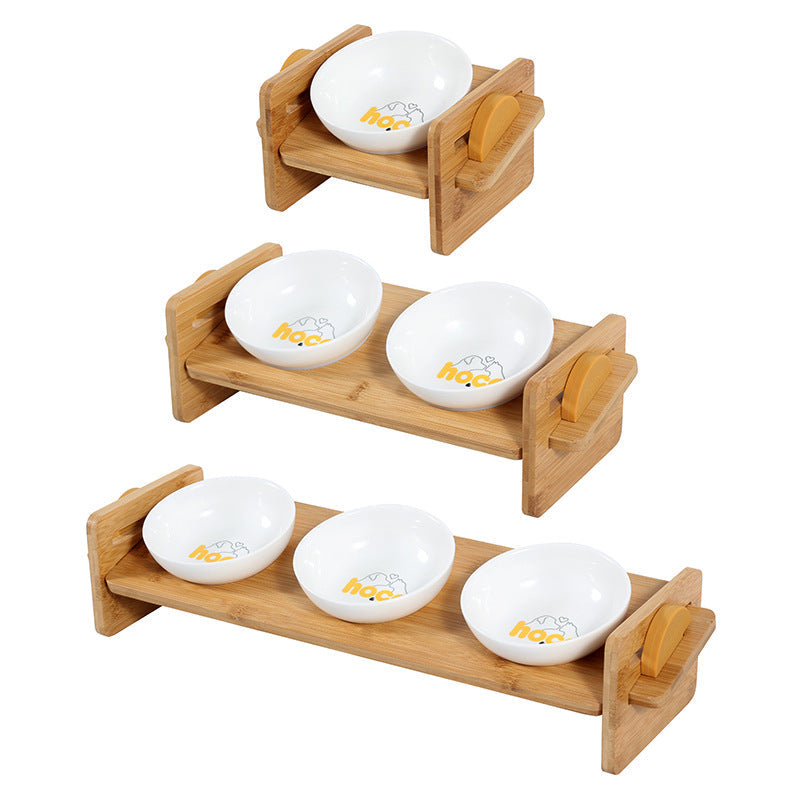KFX-1988541 Adjustable Bamboo Cat Dining Table with Anti-Overturning Design and Easy-Clean Bowls