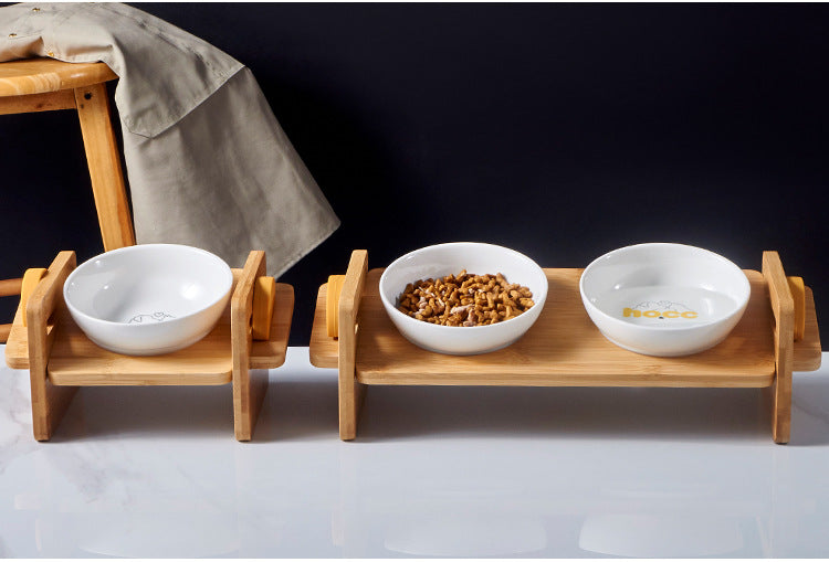 KFX-1988541 Adjustable Bamboo Cat Dining Table with Anti-Overturning Design and Easy-Clean Bowls