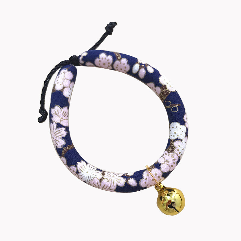KFX-1990333 Japanese Fabric Pet Collar with Adjustable Drawstring and Bell for Cats and Dogs