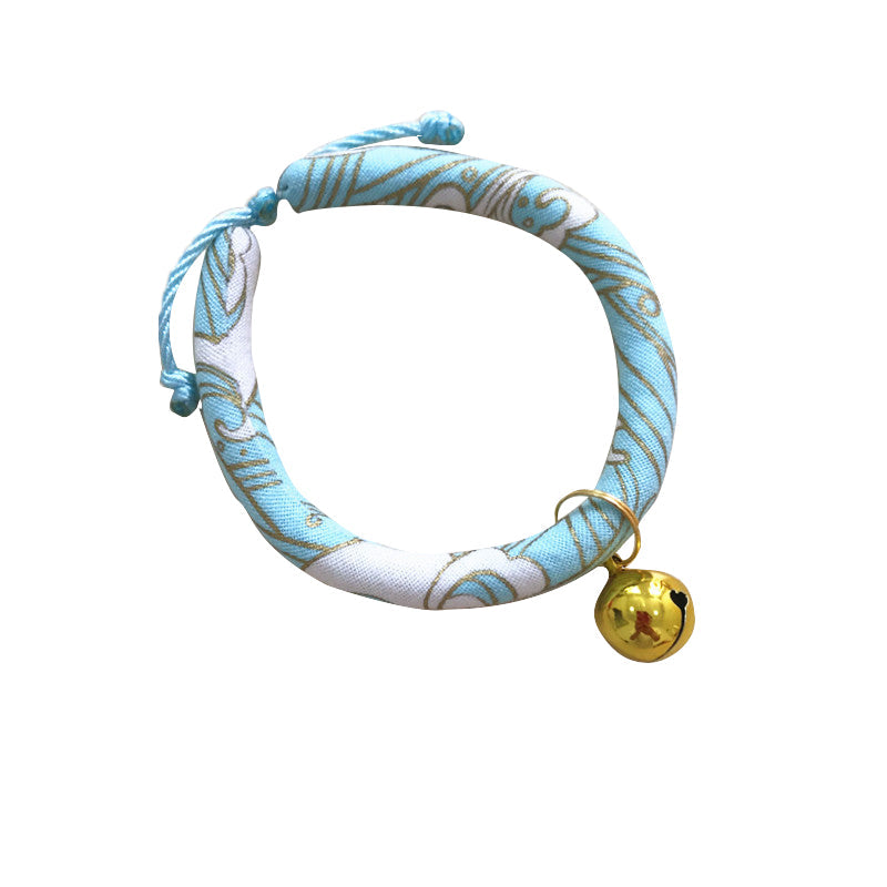 KFX-1990333 Japanese Fabric Pet Collar with Adjustable Drawstring and Bell for Cats and Dogs