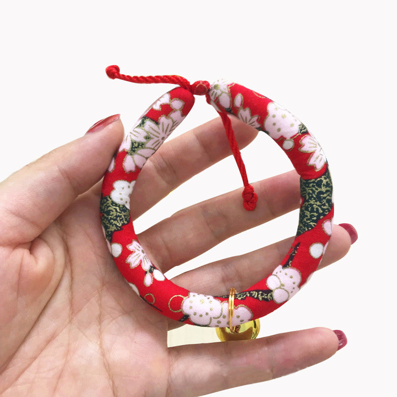 KFX-1990333 Japanese Fabric Pet Collar with Adjustable Drawstring and Bell for Cats and Dogs