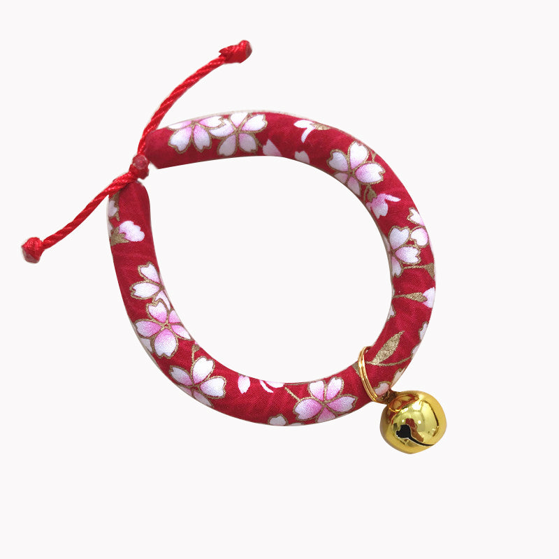 KFX-1990333 Japanese Fabric Pet Collar with Adjustable Drawstring and Bell for Cats and Dogs