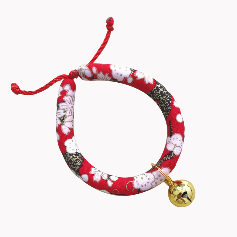 KFX-1990333 Japanese Fabric Pet Collar with Adjustable Drawstring and Bell for Cats and Dogs