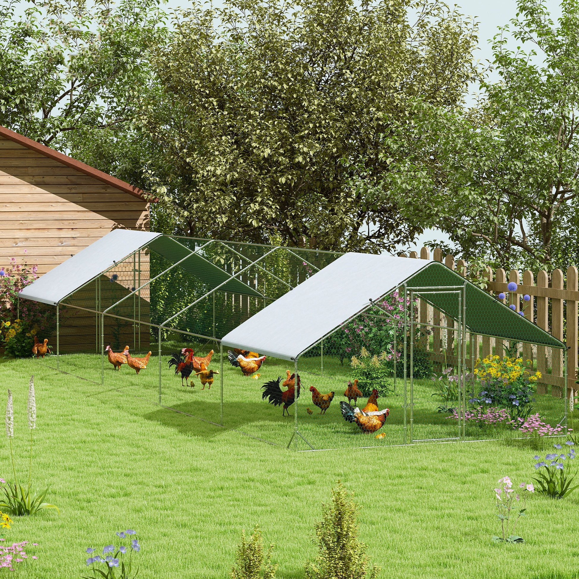 KFX-1991997 Large Outdoor Chicken Coop with Waterproof Cover, Steel Frame, 32.8' x 9.8' x 6.4'