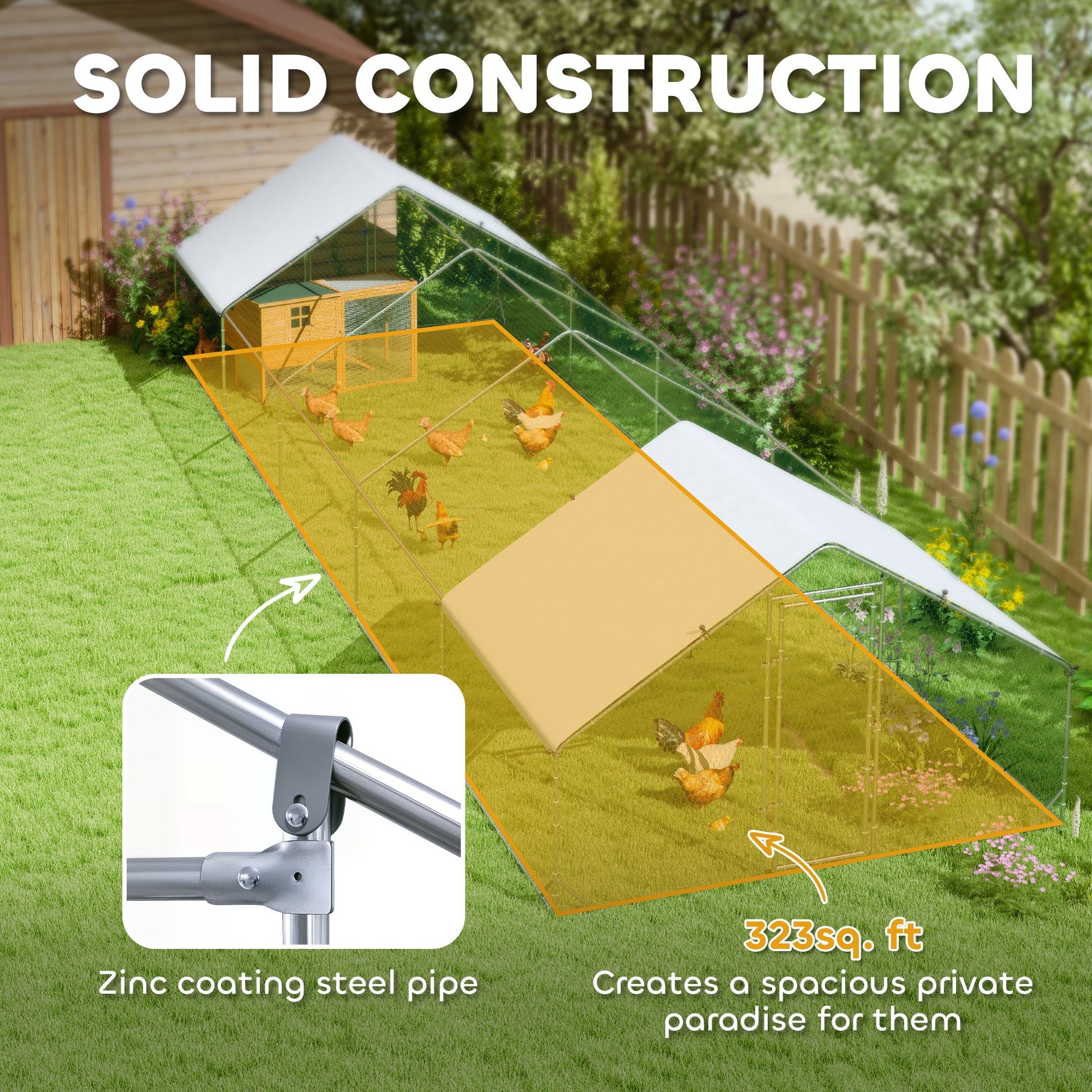 KFX-1991997 Large Outdoor Chicken Coop with Waterproof Cover, Steel Frame, 32.8' x 9.8' x 6.4'