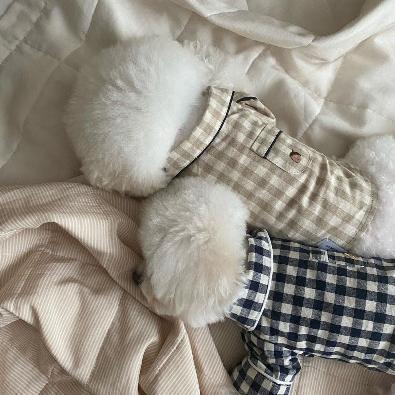 KFX-2000701 Khaki and Navy Blue Check Cotton Pajamas for Dogs with Pockets