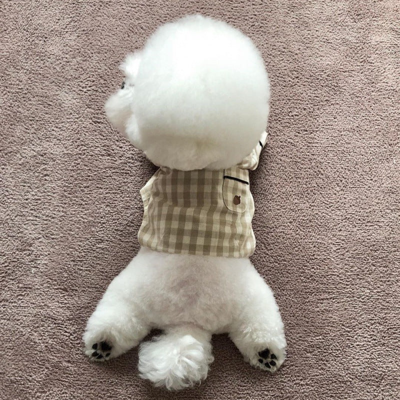 KFX-2000701 Khaki and Navy Blue Check Cotton Pajamas for Dogs with Pockets