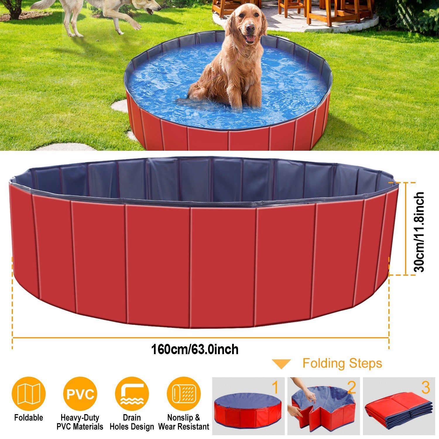 KFX-2001725 Foldable Pet Swimming Pool 160 x 160 x 30 cm Portable PVC Bathing Tub for Dogs and Cats