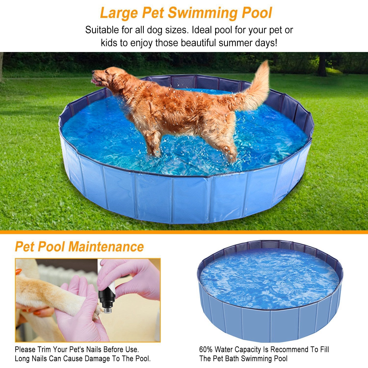 KFX-2001725 Foldable Pet Swimming Pool 160 x 160 x 30 cm Portable PVC Bathing Tub for Dogs and Cats
