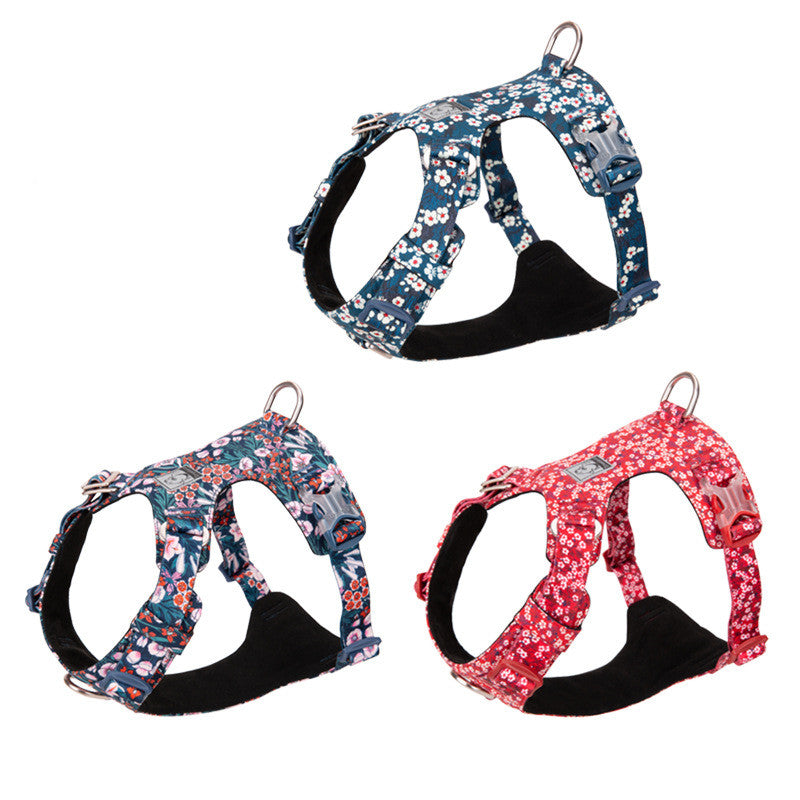 KFX-2003133 Fashionable Pet Chest Strap in Floral Red and Floral Basket Designs - Pure Cotton, Pull-Resistant, Multiple Sizes Available