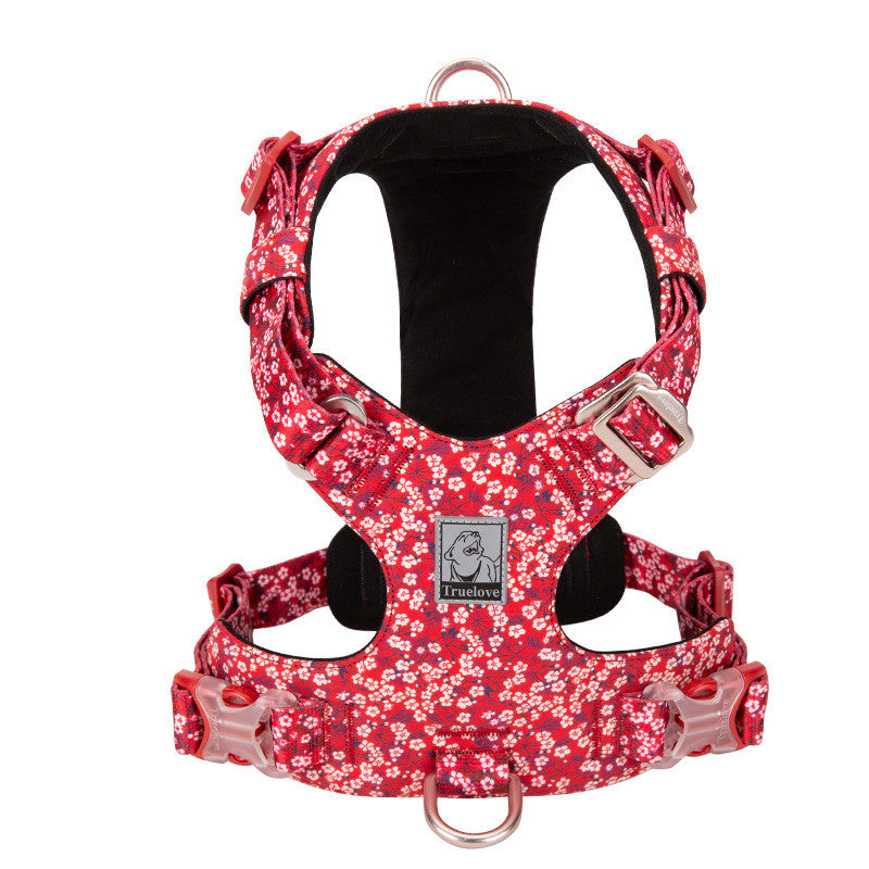 KFX-2003133 Fashionable Pet Chest Strap in Floral Red and Floral Basket Designs - Pure Cotton, Pull-Resistant, Multiple Sizes Available
