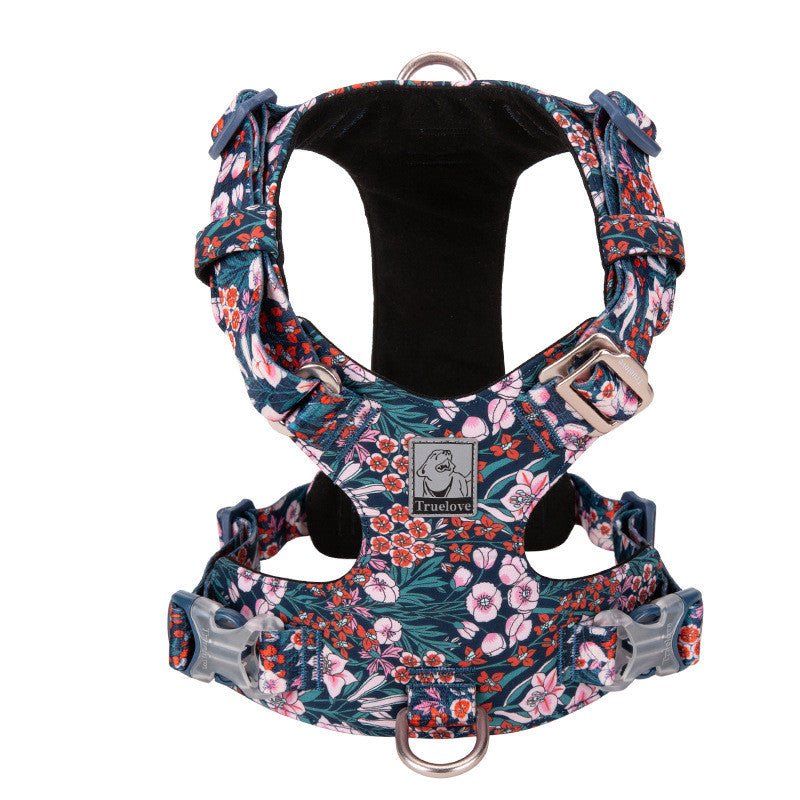 KFX-2003133 Fashionable Pet Chest Strap in Floral Red and Floral Basket Designs - Pure Cotton, Pull-Resistant, Multiple Sizes Available