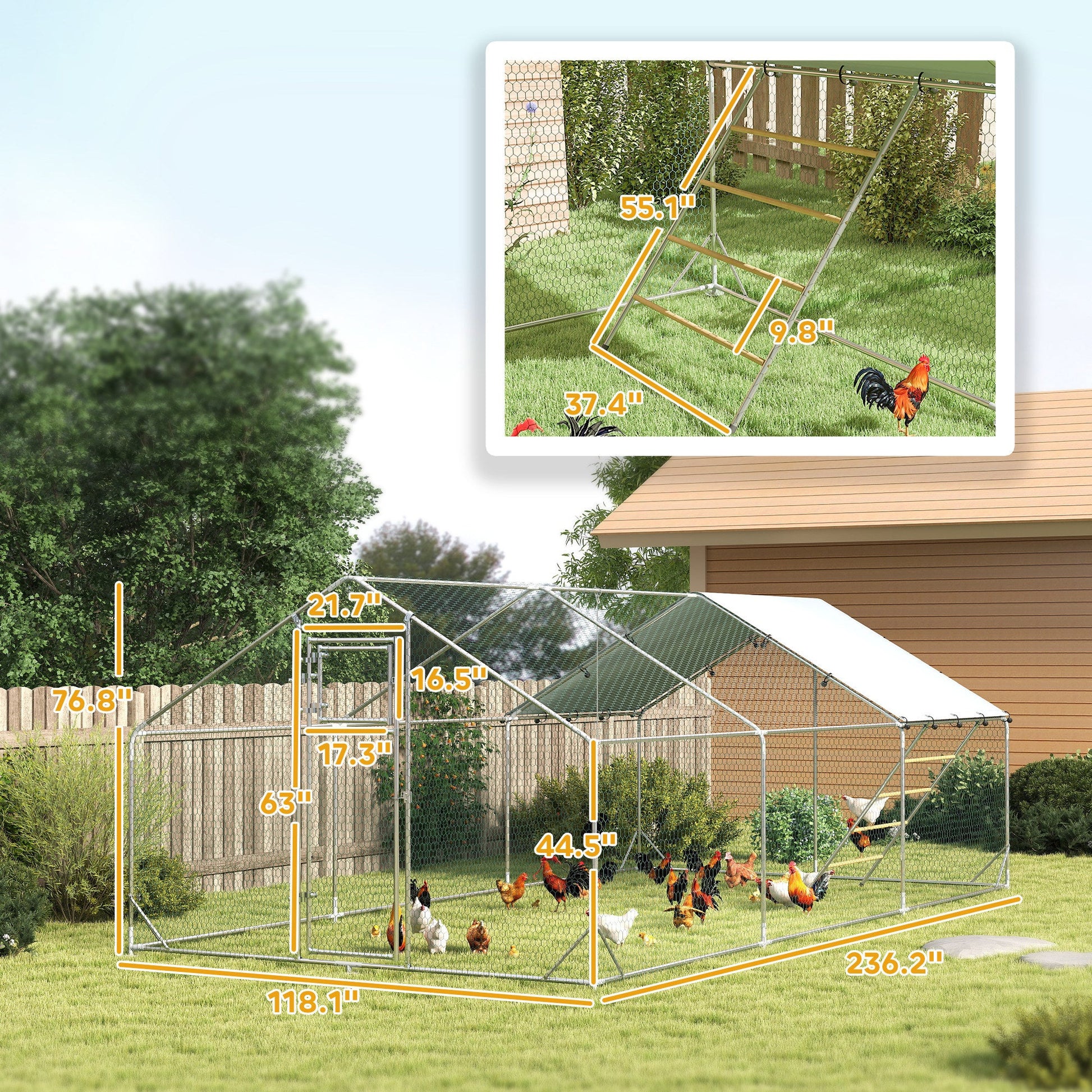 KFX-2019005 Spacious Metal Chicken Run with Waterproof UV Cover and Feeding Door for 18-24 Chickens, Dimensions 9.8' x 19.7' x 6.4'