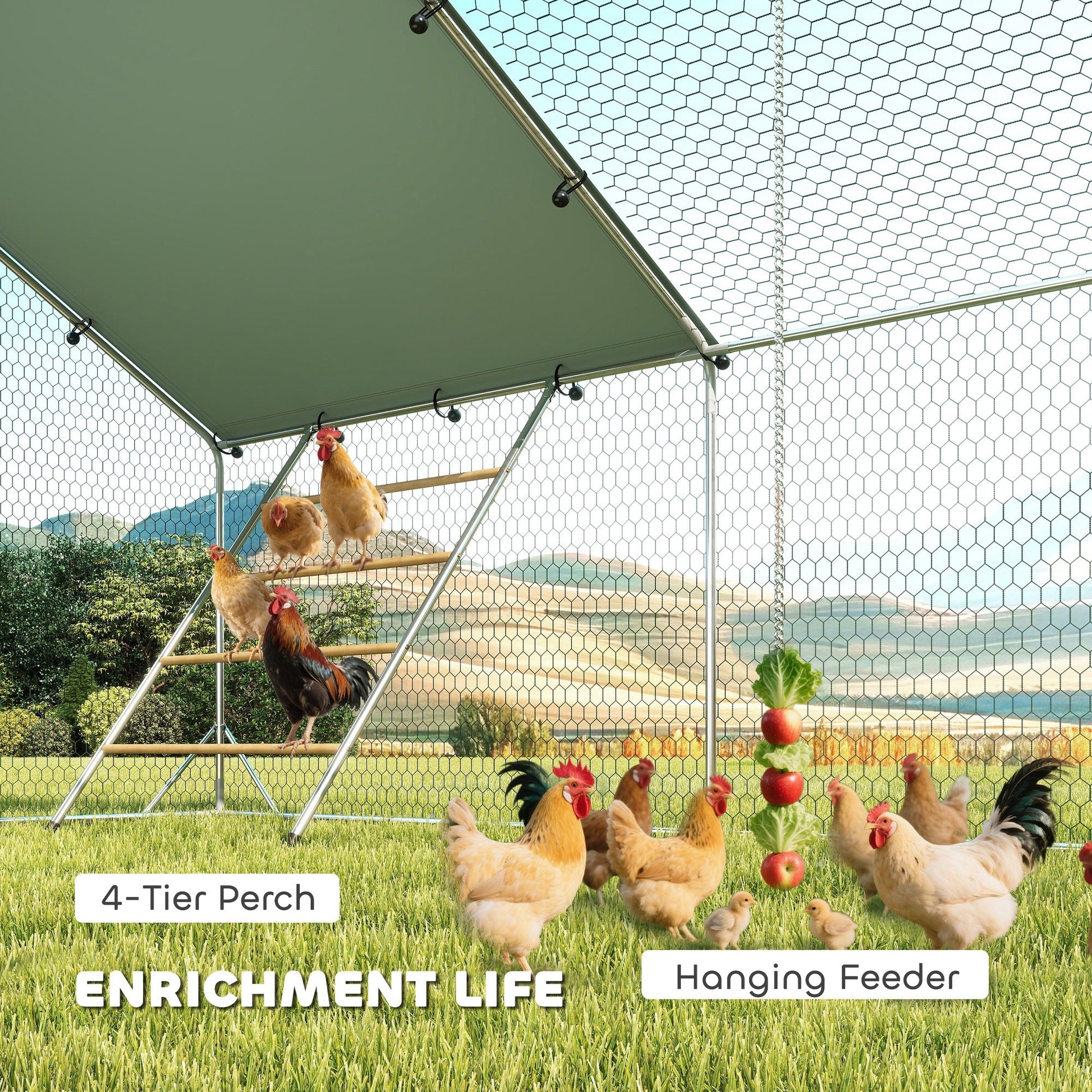 KFX-2019005 Spacious Metal Chicken Run with Waterproof UV Cover and Feeding Door for 18-24 Chickens, Dimensions 9.8' x 19.7' x 6.4'