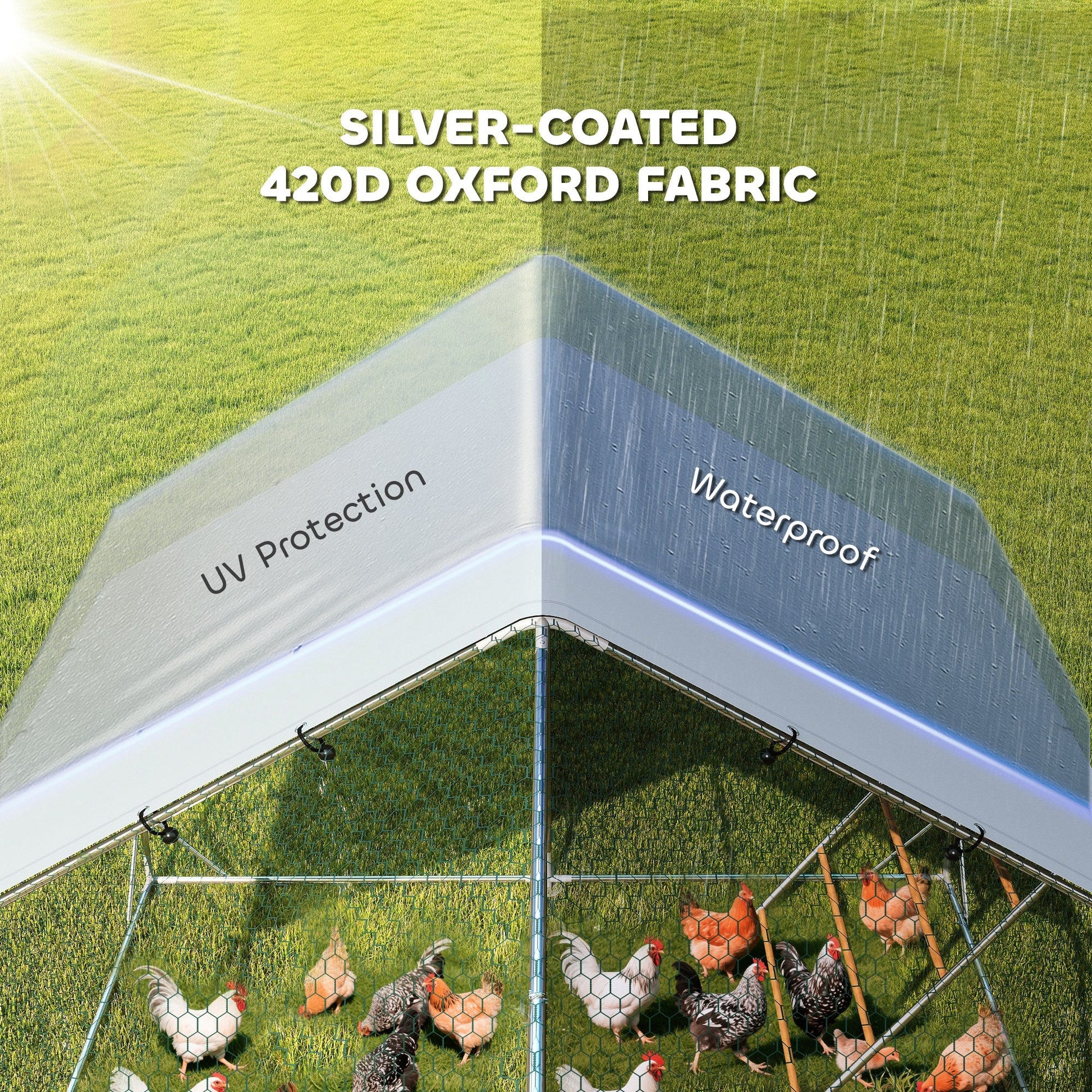 KFX-2019005 Spacious Metal Chicken Run with Waterproof UV Cover and Feeding Door for 18-24 Chickens, Dimensions 9.8' x 19.7' x 6.4'