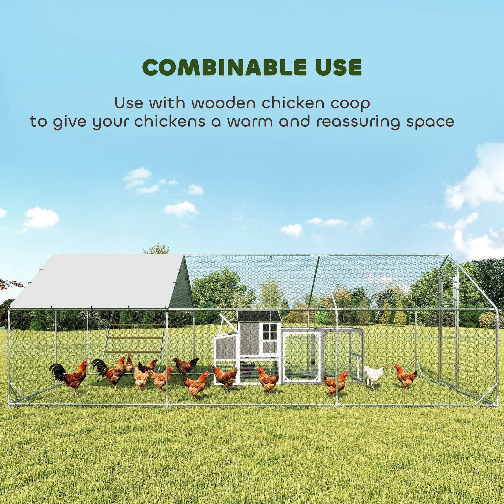 KFX-2019005 Spacious Metal Chicken Run with Waterproof UV Cover and Feeding Door for 18-24 Chickens, Dimensions 9.8' x 19.7' x 6.4'
