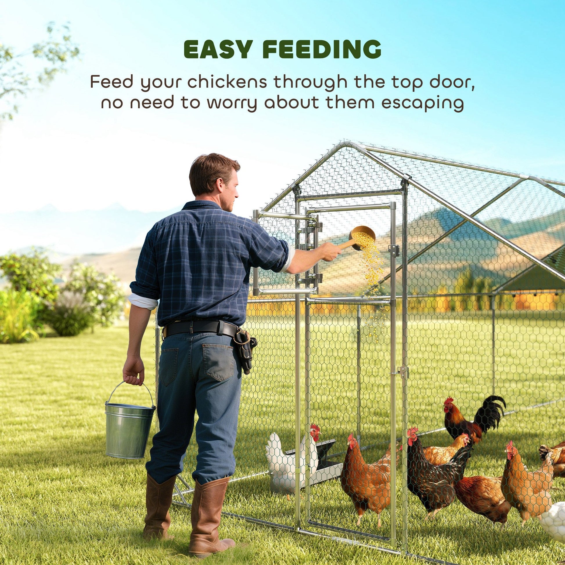 KFX-2019005 Spacious Metal Chicken Run with Waterproof UV Cover and Feeding Door for 18-24 Chickens, Dimensions 9.8' x 19.7' x 6.4'