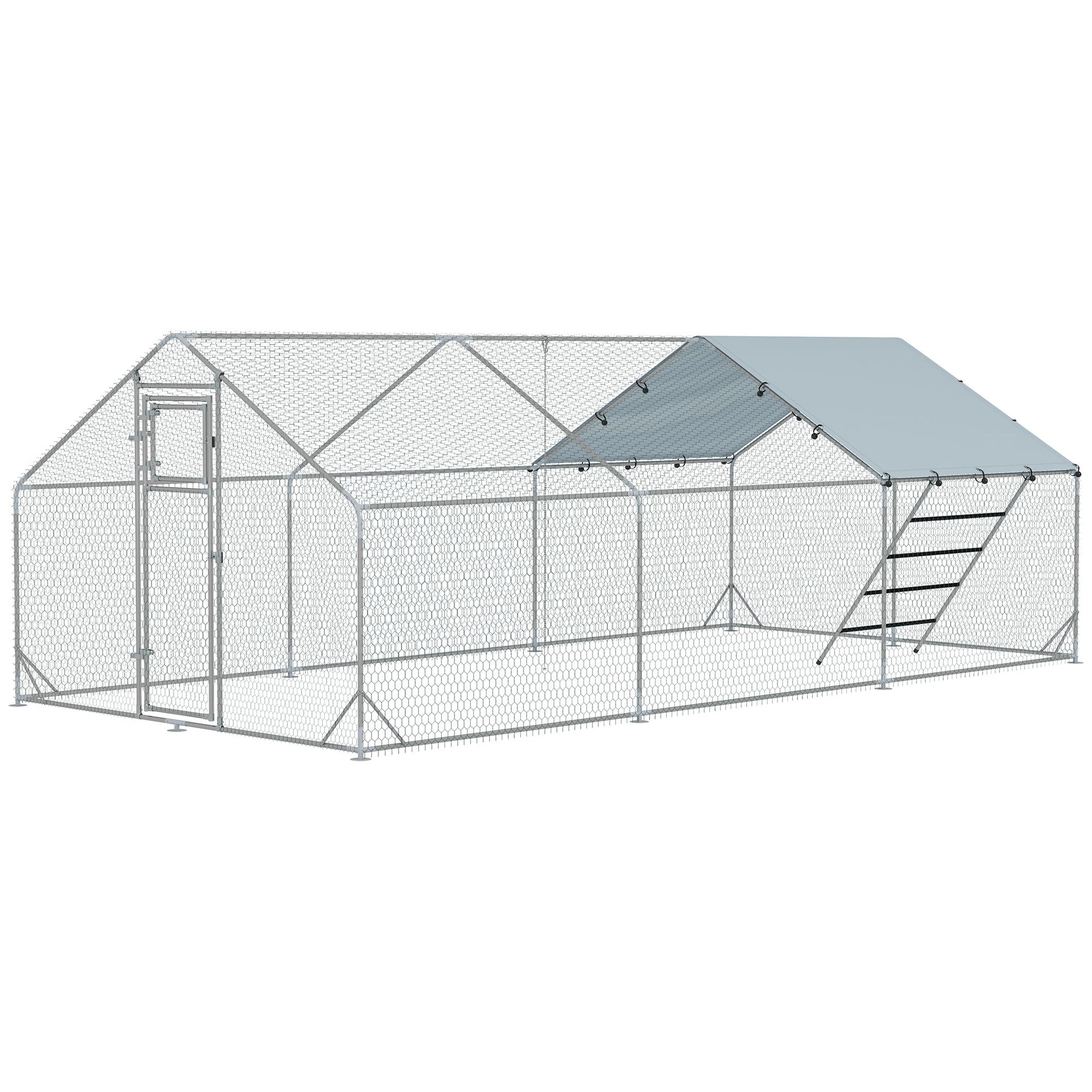 KFX-2019005 Spacious Metal Chicken Run with Waterproof UV Cover and Feeding Door for 18-24 Chickens, Dimensions 9.8' x 19.7' x 6.4'