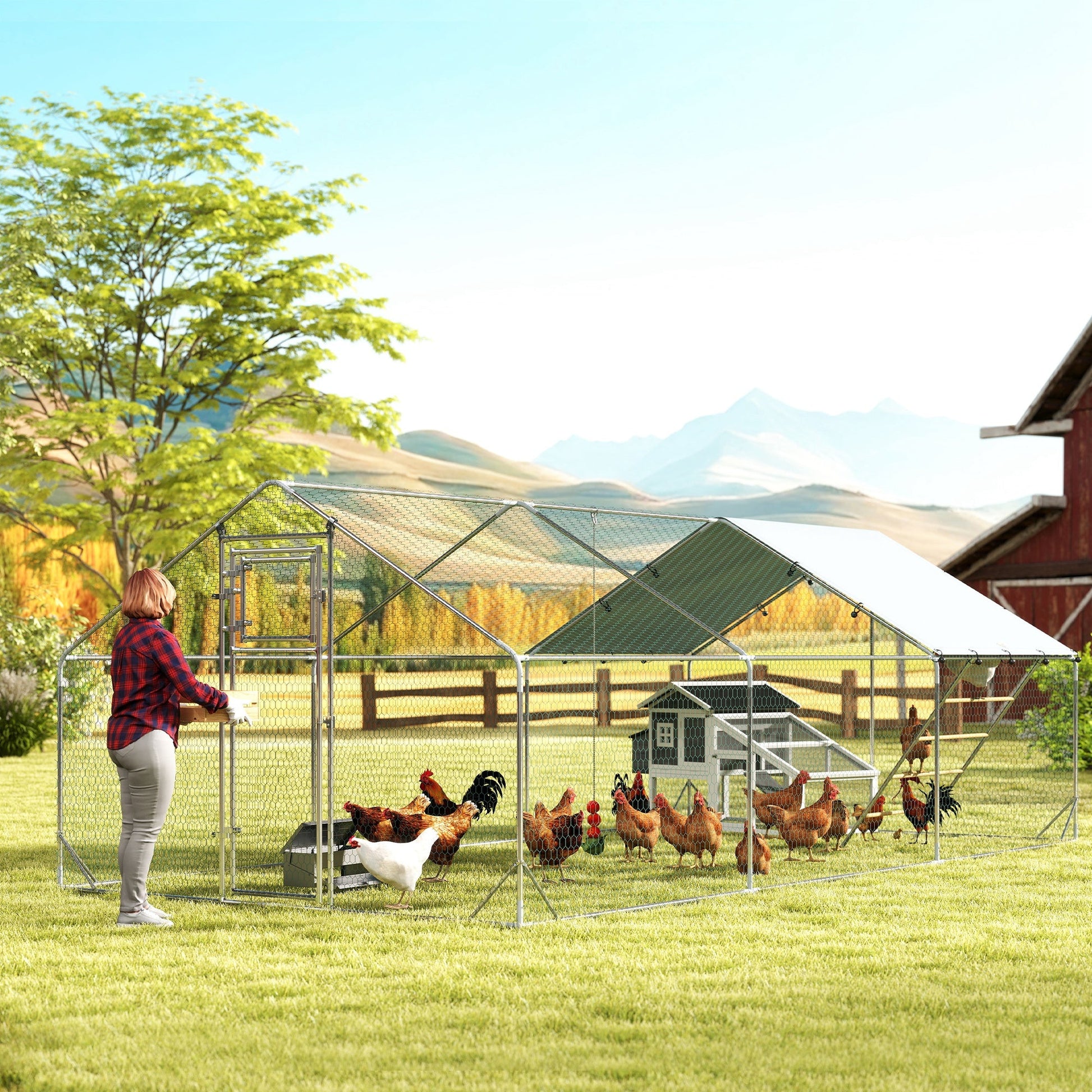 KFX-2019005 Spacious Metal Chicken Run with Waterproof UV Cover and Feeding Door for 18-24 Chickens, Dimensions 9.8' x 19.7' x 6.4'