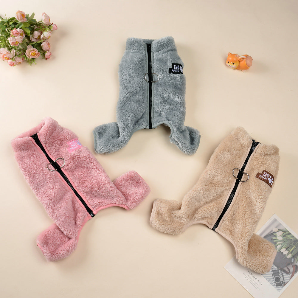 KFX-2019901 Cozy Double-Sided Plush Pet Jumpsuit in Gray, Pink, and Apricot for All Sizes