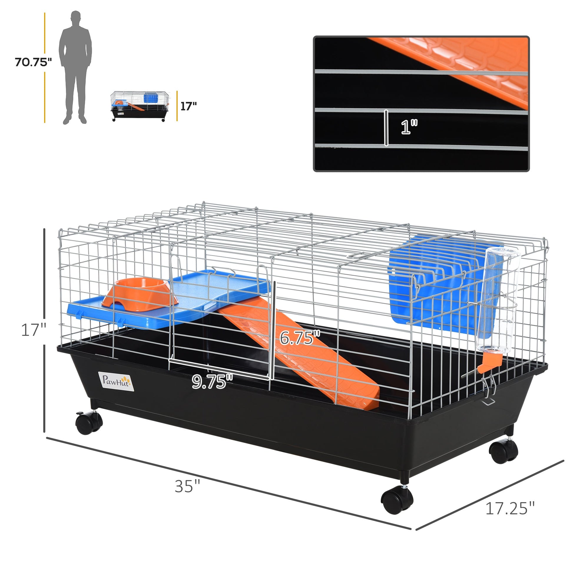 KFX-2030525 Durable 35"L Small Animal Cage for Rabbits, Chinchillas, and Guinea Pigs with Food Dish, Water Bottle, and Ramp