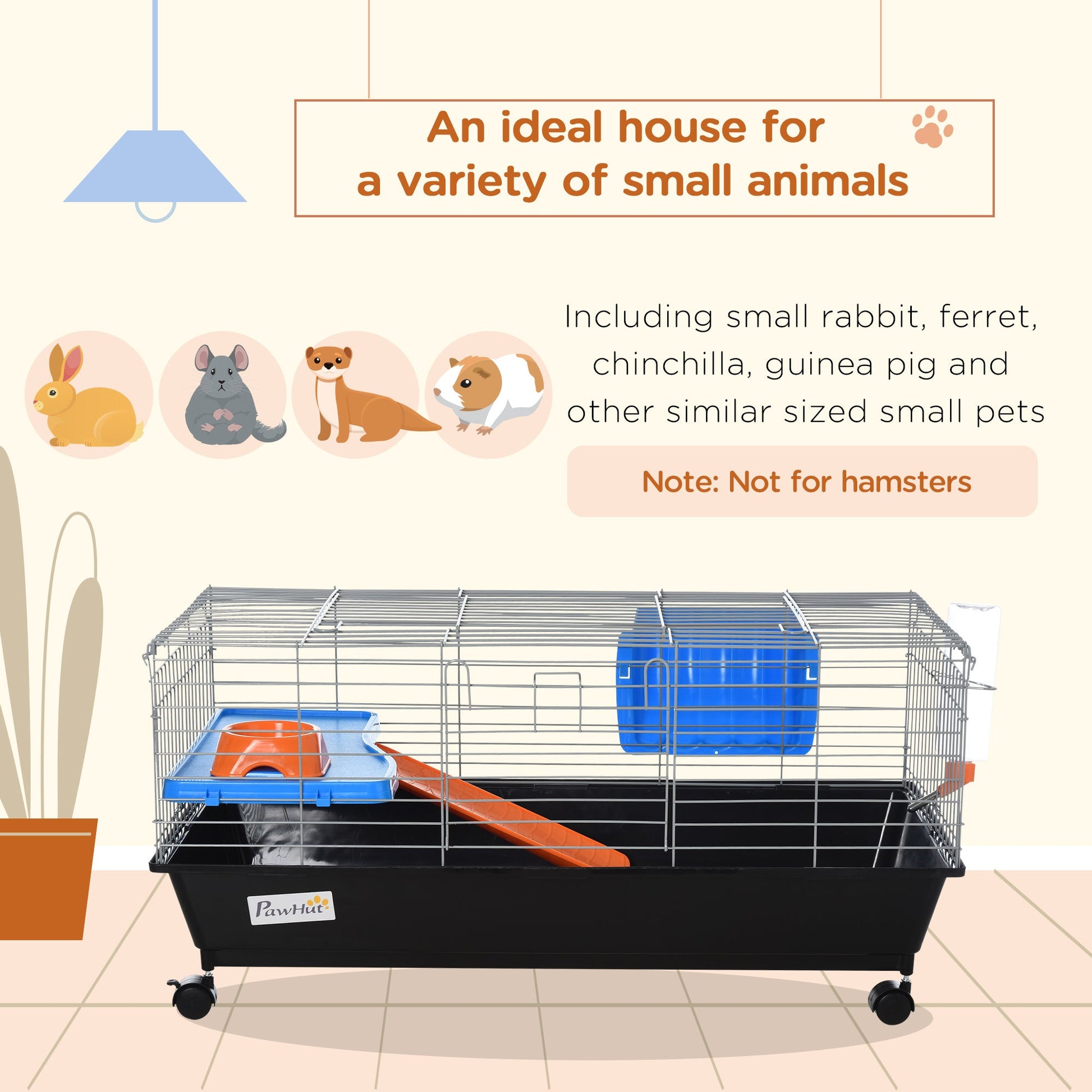 KFX-2030525 Durable 35"L Small Animal Cage for Rabbits, Chinchillas, and Guinea Pigs with Food Dish, Water Bottle, and Ramp