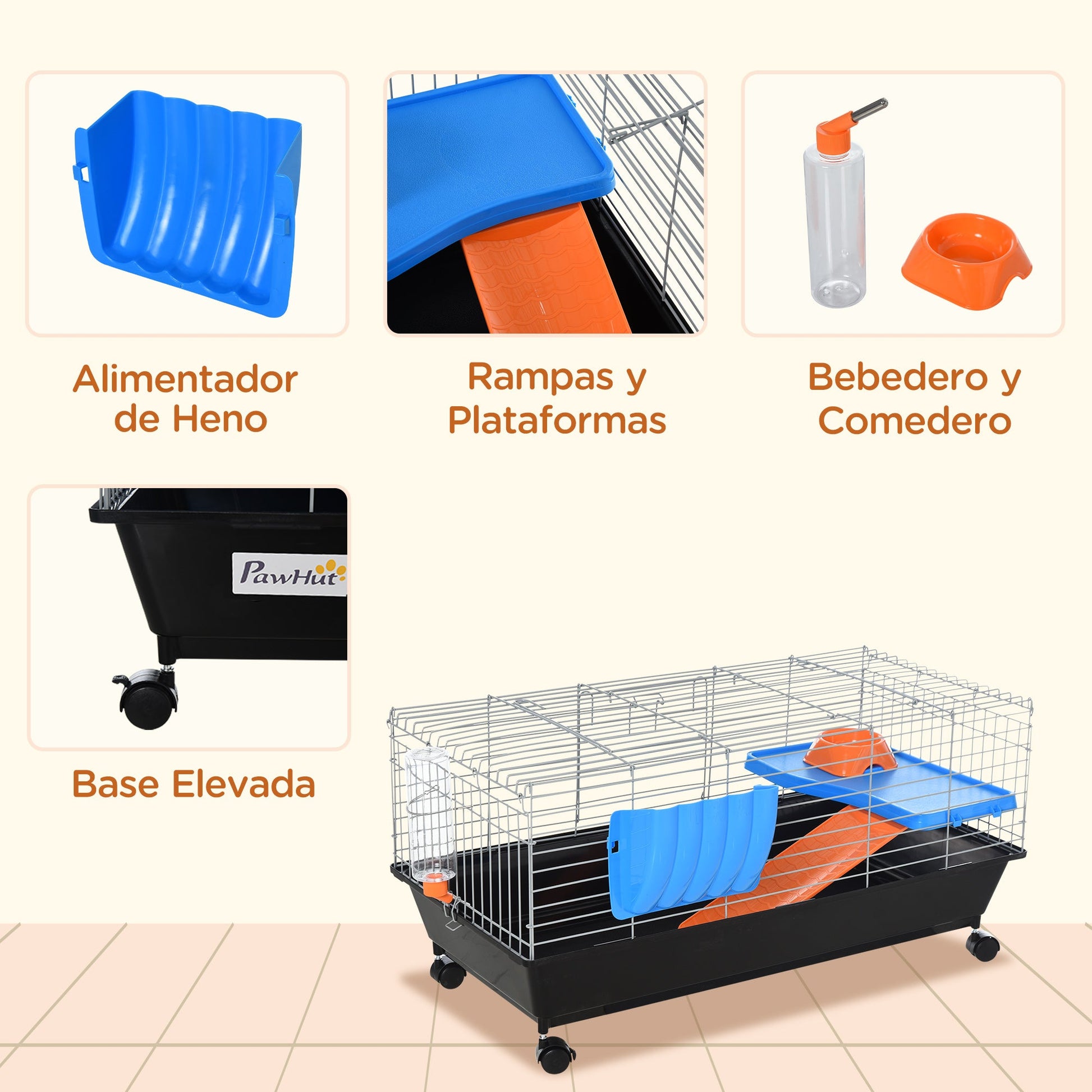 KFX-2030525 Durable 35"L Small Animal Cage for Rabbits, Chinchillas, and Guinea Pigs with Food Dish, Water Bottle, and Ramp