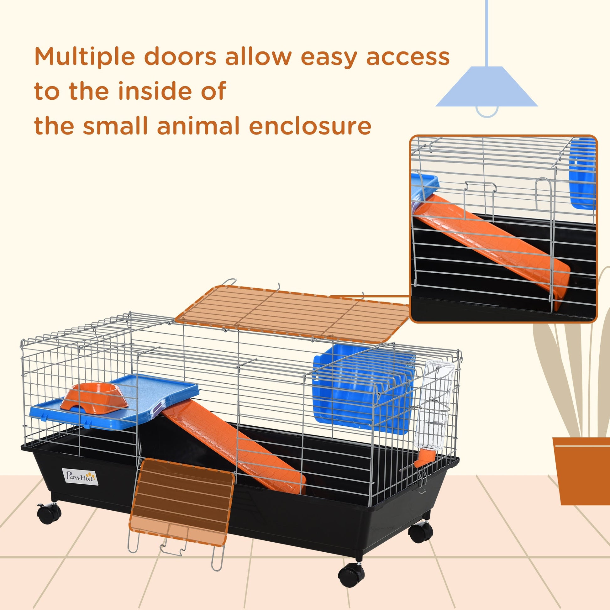 KFX-2030525 Durable 35"L Small Animal Cage for Rabbits, Chinchillas, and Guinea Pigs with Food Dish, Water Bottle, and Ramp