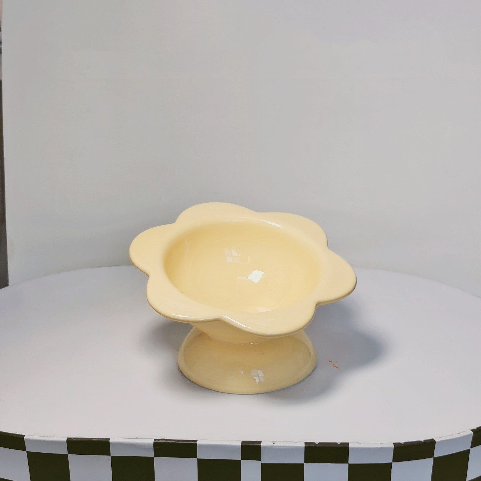 KFX-2032829 Oblique Mouth High Foot Ceramic Pet Bowl in Yellow and Purple Options