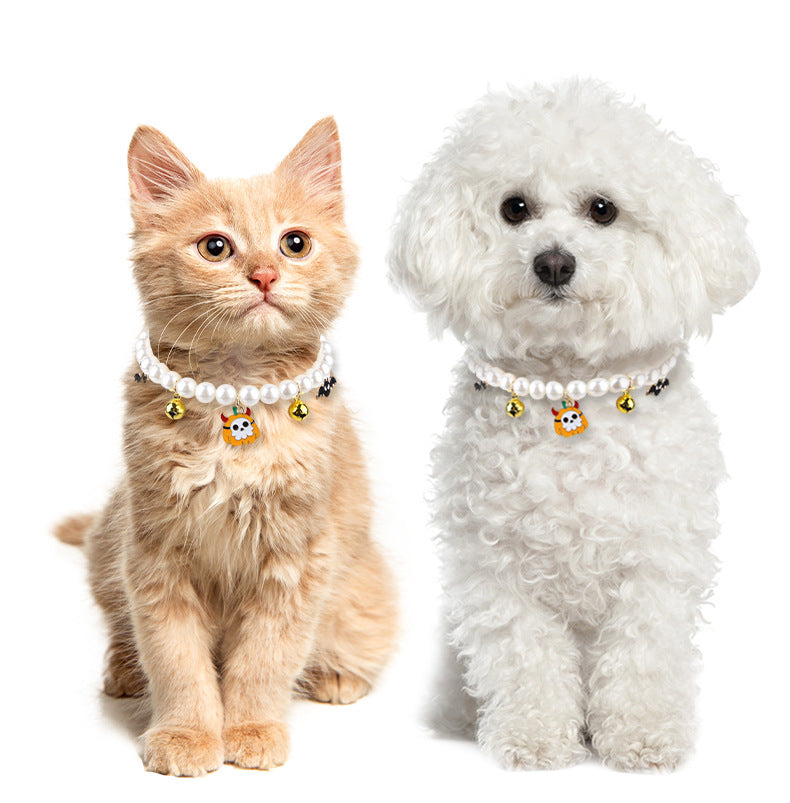 KFX-2034109 Pet Pearl Necklace Set for Halloween – Cat and Dog Neck Ornament with Bells