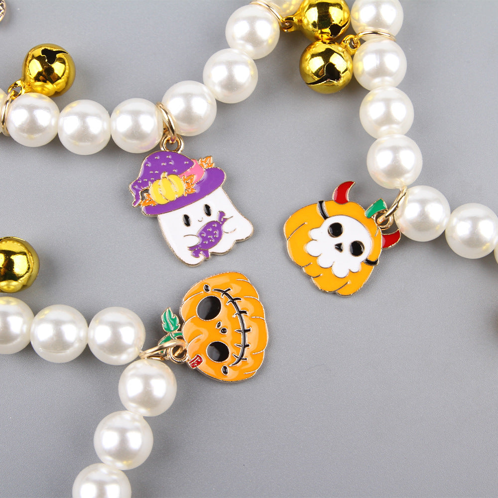 KFX-2034109 Pet Pearl Necklace Set for Halloween – Cat and Dog Neck Ornament with Bells