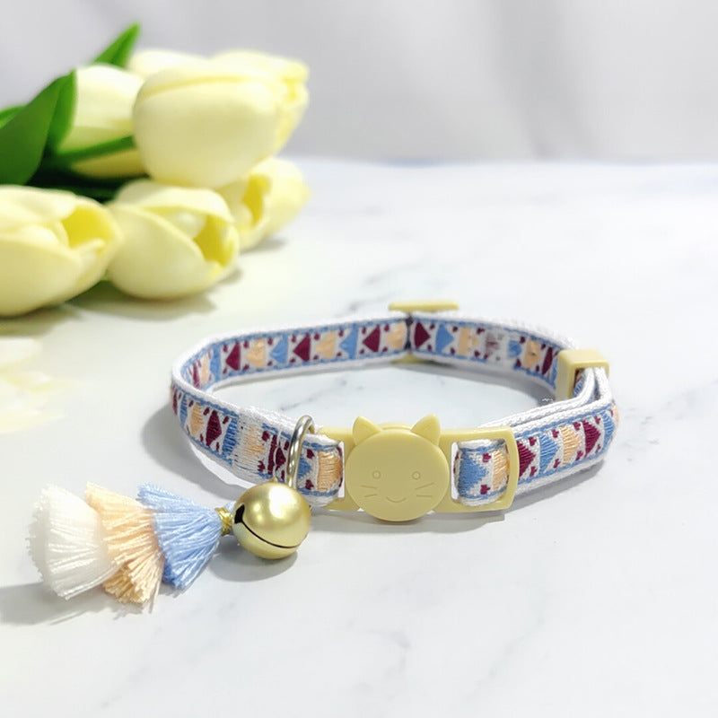 KFX-2034621 Anti-Suffocation Adjustable Cat Collar with Tassel Bell and Safety Buckle - Variety of Colors Available