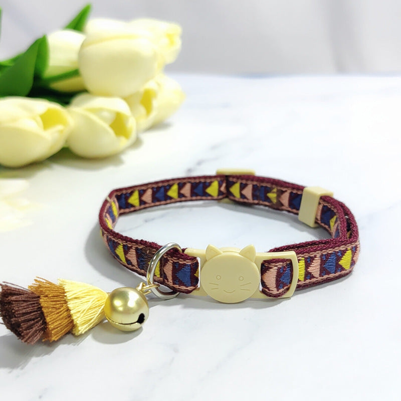 KFX-2034621 Anti-Suffocation Adjustable Cat Collar with Tassel Bell and Safety Buckle - Variety of Colors Available