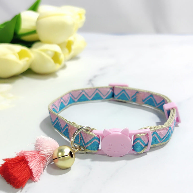 KFX-2034621 Anti-Suffocation Adjustable Cat Collar with Tassel Bell and Safety Buckle - Variety of Colors Available