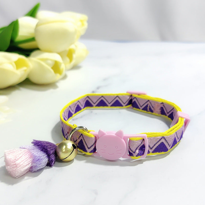 KFX-2034621 Anti-Suffocation Adjustable Cat Collar with Tassel Bell and Safety Buckle - Variety of Colors Available