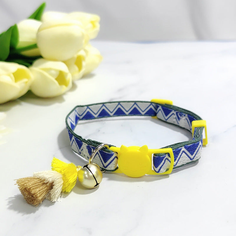 KFX-2034621 Anti-Suffocation Adjustable Cat Collar with Tassel Bell and Safety Buckle - Variety of Colors Available