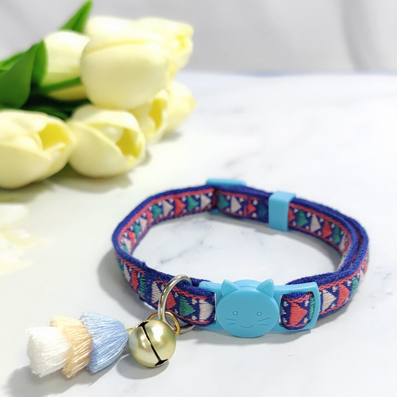 KFX-2034621 Anti-Suffocation Adjustable Cat Collar with Tassel Bell and Safety Buckle - Variety of Colors Available