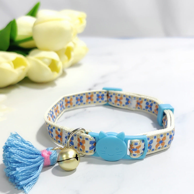 KFX-2034621 Anti-Suffocation Adjustable Cat Collar with Tassel Bell and Safety Buckle - Variety of Colors Available