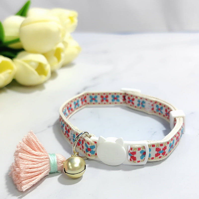 KFX-2034621 Anti-Suffocation Adjustable Cat Collar with Tassel Bell and Safety Buckle - Variety of Colors Available