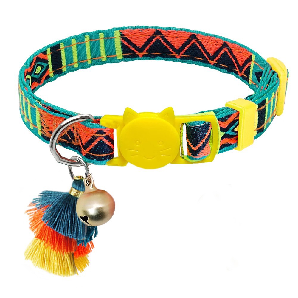 KFX-2034621 Anti-Suffocation Adjustable Cat Collar with Tassel Bell and Safety Buckle - Variety of Colors Available