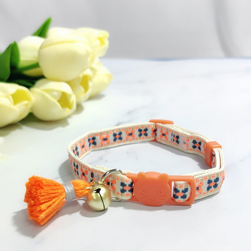 KFX-2034621 Anti-Suffocation Adjustable Cat Collar with Tassel Bell and Safety Buckle - Variety of Colors Available