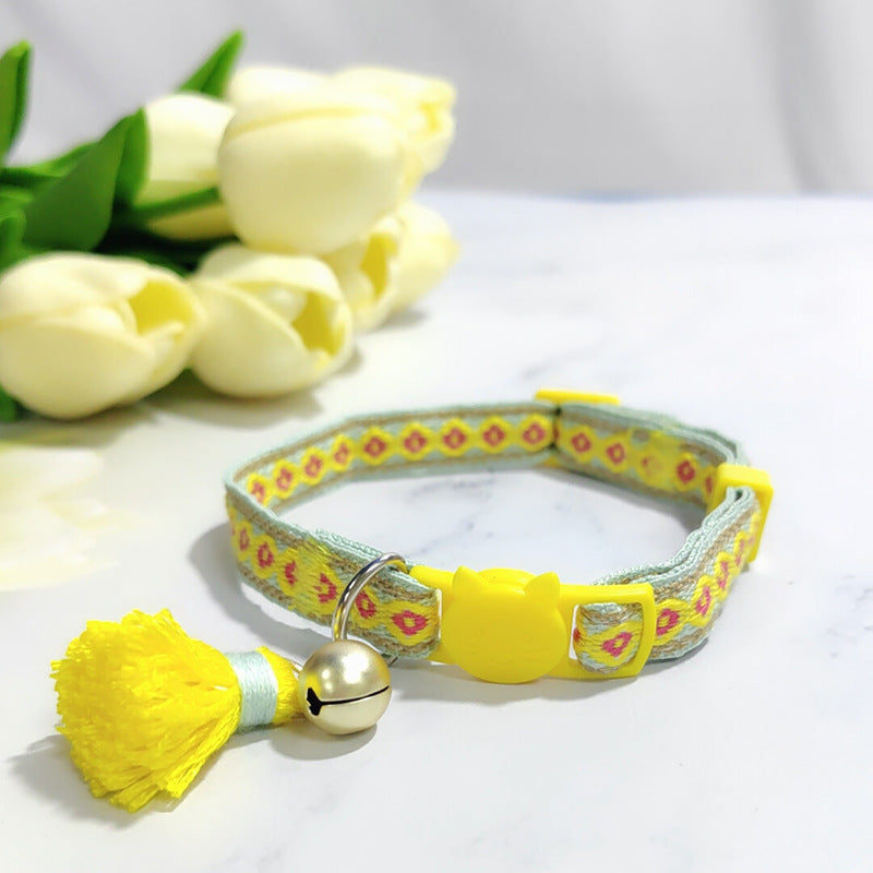 KFX-2034621 Anti-Suffocation Adjustable Cat Collar with Tassel Bell and Safety Buckle - Variety of Colors Available