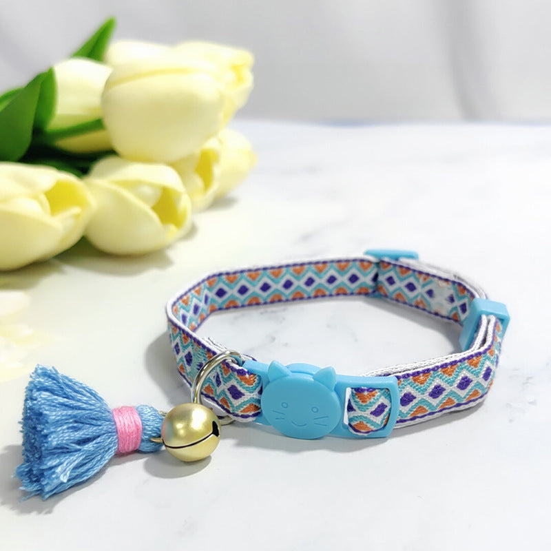 KFX-2034621 Anti-Suffocation Adjustable Cat Collar with Tassel Bell and Safety Buckle - Variety of Colors Available