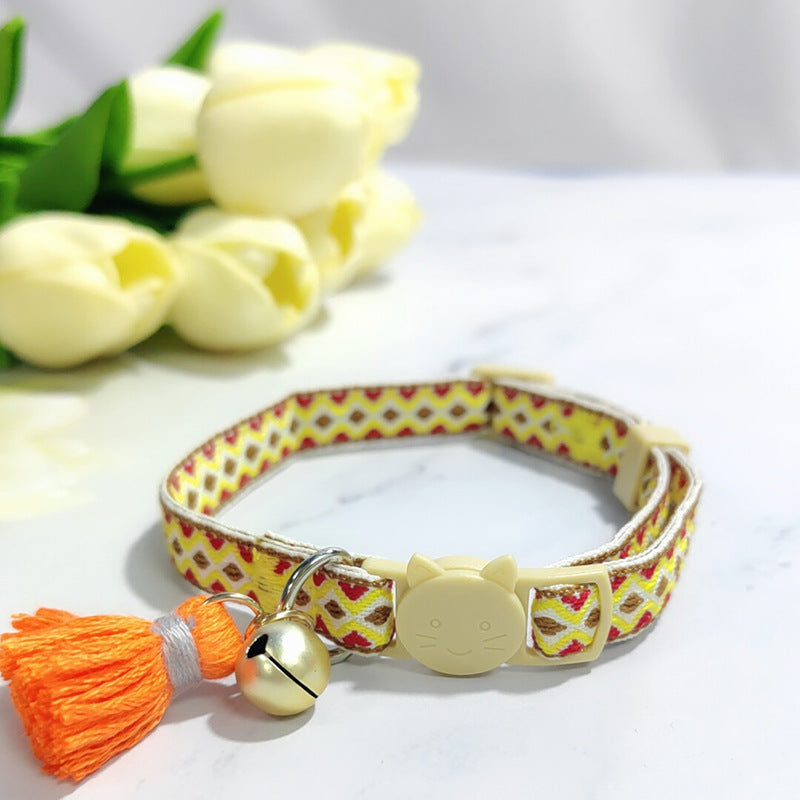 KFX-2034621 Anti-Suffocation Adjustable Cat Collar with Tassel Bell and Safety Buckle - Variety of Colors Available