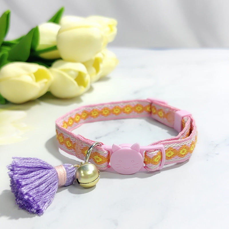 KFX-2034621 Anti-Suffocation Adjustable Cat Collar with Tassel Bell and Safety Buckle - Variety of Colors Available