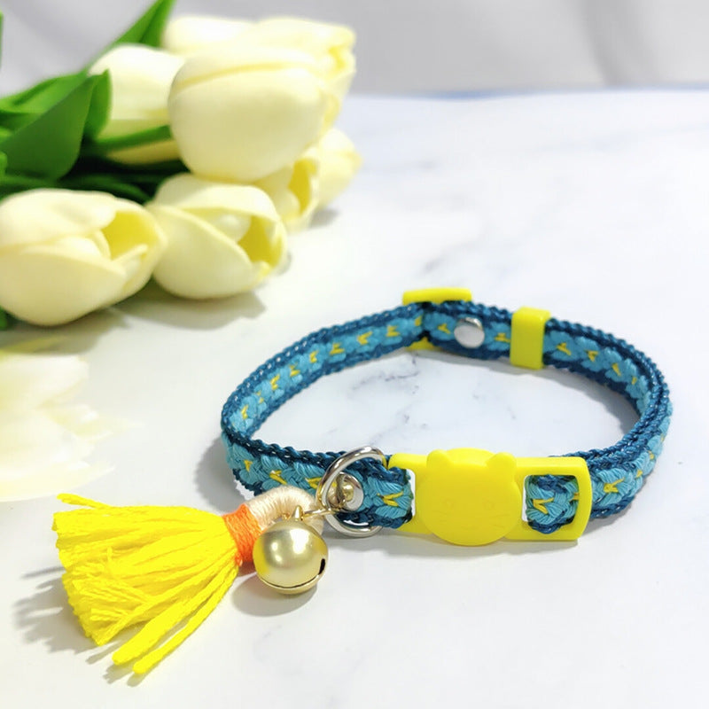 KFX-2034621 Anti-Suffocation Adjustable Cat Collar with Tassel Bell and Safety Buckle - Variety of Colors Available