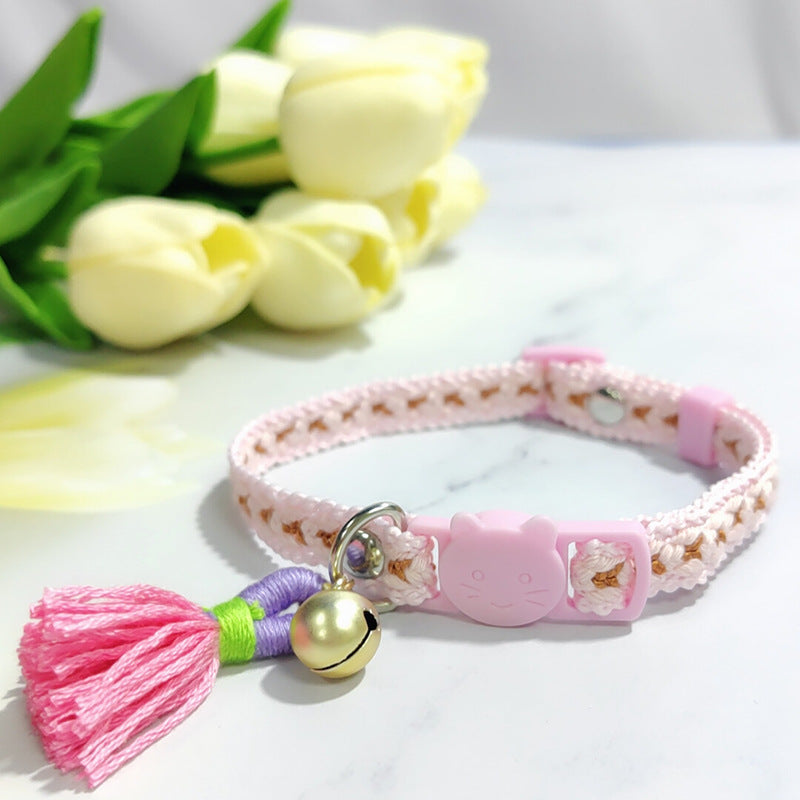KFX-2034621 Anti-Suffocation Adjustable Cat Collar with Tassel Bell and Safety Buckle - Variety of Colors Available